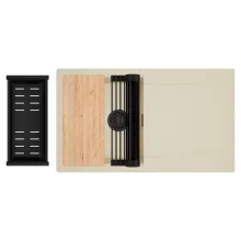 HD Onyx Beige 86 egymedencés gránit mosogatótálca szett, csepegtetőtálcával, vágódeszkával, matt fekete csepegtetőráccsal és kosárral, soft bézs színben, matt fekete leeresztő szifonnal