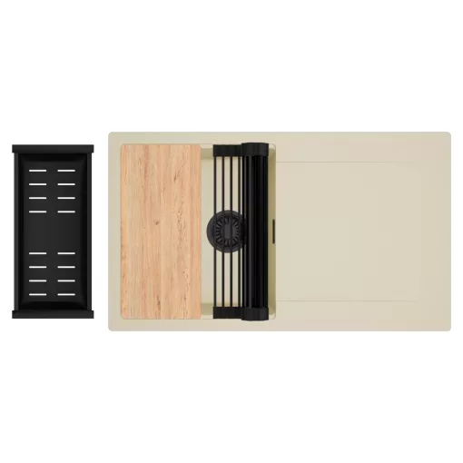 HD Onyx Beige 86 egymedencés gránit mosogatótálca szett, csepegtetőtálcával, vágódeszkával, matt fekete csepegtetőráccsal és kosárral, soft bézs színben, matt fekete leeresztő szifonnal