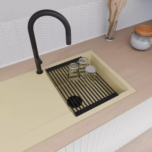 HD Onyx Beige 86 egymedencés gránit mosogatótálca szett, csepegtetőtálcával, vágódeszkával, matt fekete csepegtetőráccsal és kosárral, soft bézs színben, matt fekete leeresztő szifonnal