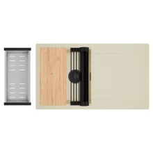 HD Onyx Beige 86 egymedencés gránit mosogatótálca szett, csepegtetőtálcával, vágódeszkával, matt fekete csepegtetőráccsal és krómozott kosárral, soft bézs színben, matt fekete leeresztő szifonnal