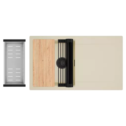 HD Onyx Beige 86 egymedencés gránit mosogatótálca szett, csepegtetőtálcával, vágódeszkával, matt fekete csepegtetőráccsal és krómozott kosárral, soft bézs színben, matt fekete leeresztő szifonnal