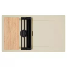 HD Onyx Beige 86 egymedencés gránit mosogatótálca szett, csepegtetőtálcával, vágódeszkával, matt fekete csepegtetőráccsal, soft bézs színben, matt fekete leeresztő szifonnal