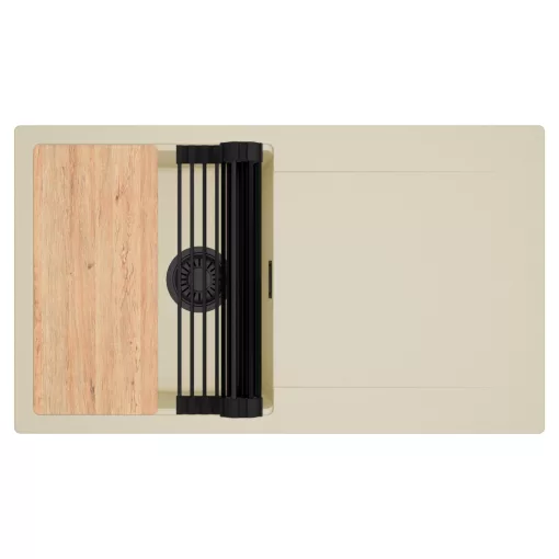 HD Onyx Beige 86 egymedencés gránit mosogatótálca szett, csepegtetőtálcával, vágódeszkával, matt fekete csepegtetőráccsal, soft bézs színben, matt fekete leeresztő szifonnal