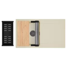 HD Onyx Beige 86 egymedencés gránit mosogatótálca szett, csepegtetőtálcával, vágódeszkával, acél csepegtetőráccsal és matt fekete kosárral, soft bézs színben, matt fekete leeresztő szifonnal