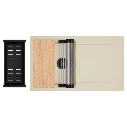 HD Onyx Beige 86 egymedencés gránit mosogatótálca szett, csepegtetőtálcával, vágódeszkával, acél csepegtetőráccsal és matt fekete kosárral, soft bézs színben, matt fekete leeresztő szifonnal