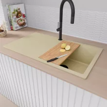 HD Onyx Beige 86 egymedencés gránit mosogatótálca szett, csepegtetőtálcával, vágódeszkával, acél csepegtetőráccsal és matt fekete kosárral, soft bézs színben, matt fekete leeresztő szifonnal