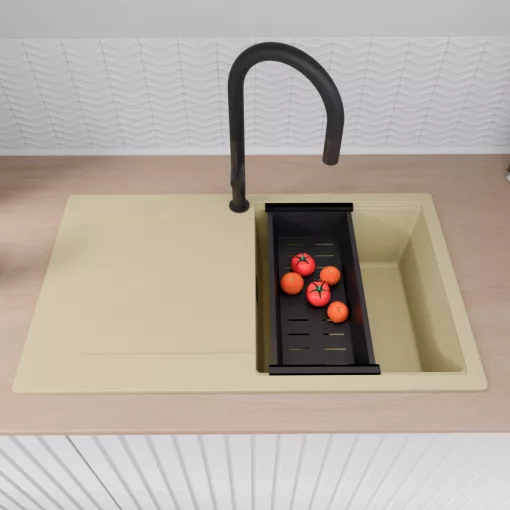 HD Onyx Beige 86 egymedencés gránit mosogatótálca szett, csepegtetőtálcával, vágódeszkával, acél csepegtetőráccsal és matt fekete kosárral, soft bézs színben, matt fekete leeresztő szifonnal