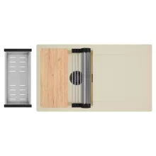 HD Onyx Beige 86 egymedencés gránit mosogatótálca szett, csepegtetőtálcával, vágódeszkával, acél csepegtetőráccsal és kosárral, soft bézs színben, matt fekete leeresztő szifonnal