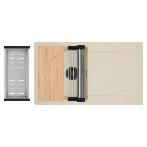 HD Onyx Beige 86 egymedencés gránit mosogatótálca szett, csepegtetőtálcával, vágódeszkával, acél csepegtetőráccsal és kosárral, soft bézs színben, matt fekete leeresztő szifonnal