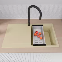 HD Onyx Beige 86 egymedencés gránit mosogatótálca szett, csepegtetőtálcával, vágódeszkával, acél csepegtetőráccsal és kosárral, soft bézs színben, matt fekete leeresztő szifonnal