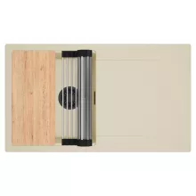 HD Onyx Beige 86 egymedencés gránit mosogatótálca szett, csepegtetőtálcával, vágódeszkával, acél csepegtetőráccsal, soft bézs színben, matt fekete leeresztő szifonnal