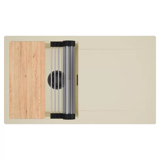 HD Onyx Beige 86 egymedencés gránit mosogatótálca szett, csepegtetőtálcával, vágódeszkával, acél csepegtetőráccsal, soft bézs színben, matt fekete leeresztő szifonnal