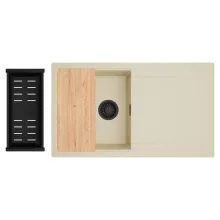 HD Onyx Beige 86 egymedencés gránit mosogatótálca szett, csepegtetőtálcával, vágódeszkával, matt fekete csepegtetőkosárral, soft bézs színben, matt fekete leeresztő szifonnal