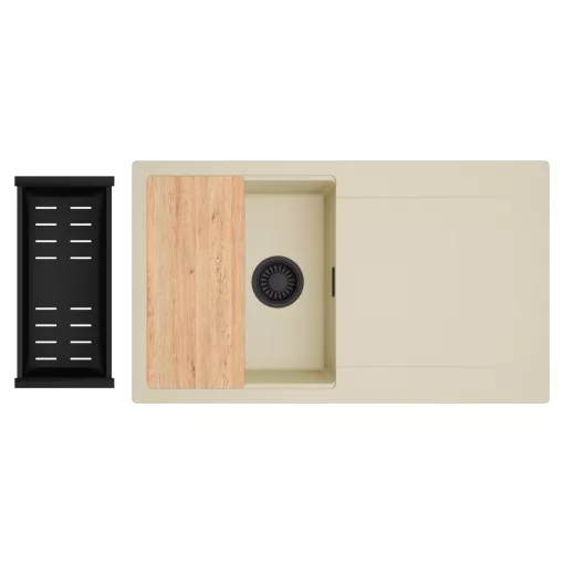 HD Onyx Beige 86 egymedencés gránit mosogatótálca szett, csepegtetőtálcával, vágódeszkával, matt fekete csepegtetőkosárral, soft bézs színben, matt fekete leeresztő szifonnal
