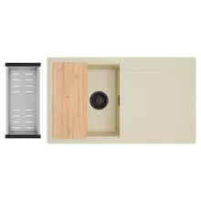 HD Onyx Beige 86 egymedencés gránit mosogatótálca szett, csepegtetőtálcával, vágódeszkával, acél csepegtetőkosárral, soft bézs színben, matt fekete leeresztő szifonnal