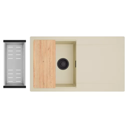 HD Onyx Beige 86 egymedencés gránit mosogatótálca szett, csepegtetőtálcával, vágódeszkával, acél csepegtetőkosárral, soft bézs színben, matt fekete leeresztő szifonnal