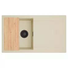 HD Onyx Beige 86 egymedencés gránit mosogatótálca, vágódeszkával, soft bézs színben, matt fekete leeresztő szifonnal