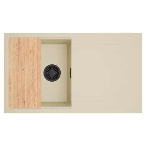 HD Onyx Beige 86 egymedencés gránit mosogatótálca, vágódeszkával, soft bézs színben, matt fekete leeresztő szifonnal