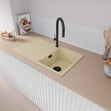 HD Onyx Beige 86 egymedencés gránit mosogatótálca, vágódeszkával, soft bézs színben, matt fekete leeresztő szifonnal