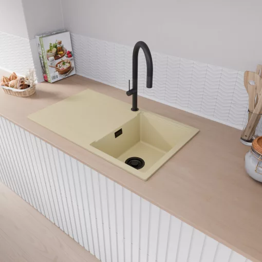 HD Onyx Beige 86 egymedencés gránit mosogatótálca, vágódeszkával, soft bézs színben, matt fekete leeresztő szifonnal