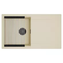 HD Onyx Beige 86 egymedencés mosogatótálca szett, acél csepegtetőráccsal, csepegtetőtálcával, soft bézs színben, matt fekete leeresztő szifonnal