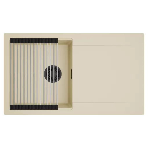 HD Onyx Beige 86 egymedencés mosogatótálca szett, acél csepegtetőráccsal, csepegtetőtálcával, soft bézs színben, matt fekete leeresztő szifonnal