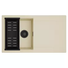 HD Onyx Beige 86 egymedencés mosogatótálca szett, matt fekete csepegtetőkosárral, csepegtetőtálcával, soft bézs színben, matt fekete leeresztő szifonnal