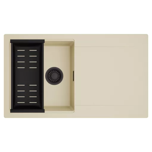 HD Onyx Beige 86 egymedencés mosogatótálca szett, matt fekete csepegtetőkosárral, csepegtetőtálcával, soft bézs színben, matt fekete leeresztő szifonnal