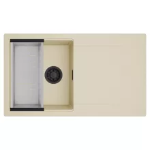 HD Onyx Beige 86 egymedencés mosogatótálca szett, acél csepegtetőkosárral, csepegtetőtálcával, soft bézs színben, matt fekete leeresztő szifonnal