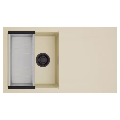 HD Onyx Beige 86 egymedencés mosogatótálca szett, acél csepegtetőkosárral, csepegtetőtálcával, soft bézs színben, matt fekete leeresztő szifonnal