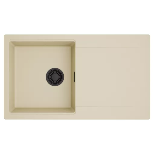 HD Onyx Beige 86 egymedencés mosogatótálca, csepegtetőtálcával, soft bézs színben, matt fekete leeresztő szifonnal