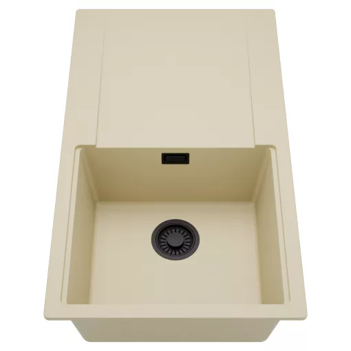 HD Onyx Beige 86 egymedencés mosogatótálca, csepegtetőtálcával, soft bézs színben, matt fekete leeresztő szifonnal