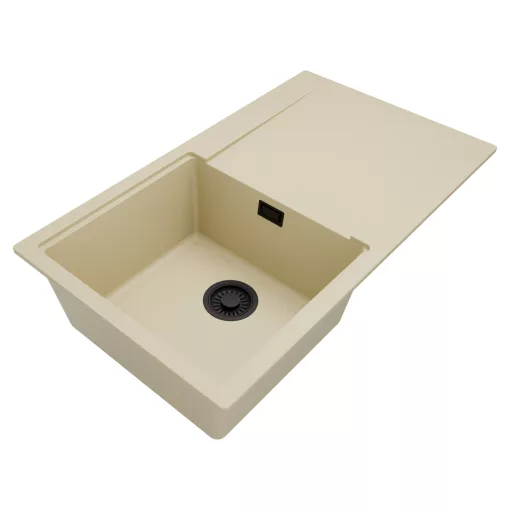 HD Onyx Beige 86 egymedencés mosogatótálca, csepegtetőtálcával, soft bézs színben, matt fekete leeresztő szifonnal