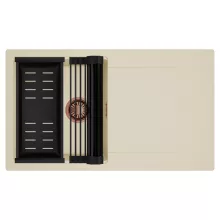 HD Onyx Beige 86 egymedencés mosogatótálca szett, matt fekete csepegtetőráccsal és kosárral, csepegtetőtálcával, soft bézs színben, szálcsiszolt réz leeresztő szifonnal