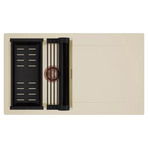 HD Onyx Beige 86 egymedencés mosogatótálca szett, matt fekete csepegtetőráccsal és kosárral, csepegtetőtálcával, soft bézs színben, szálcsiszolt réz leeresztő szifonnal