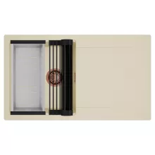 HD Onyx Beige 86 egymedencés mosogatótálca szett, matt fekete csepegtetőráccsal és krómozott kosárral, csepegtetőtálcával, soft bézs színben, szálcsiszolt réz leeresztő szifonnal