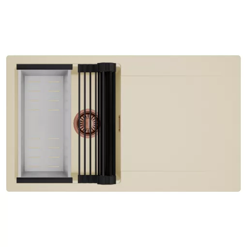 HD Onyx Beige 86 egymedencés mosogatótálca szett, matt fekete csepegtetőráccsal és krómozott kosárral, csepegtetőtálcával, soft bézs színben, szálcsiszolt réz leeresztő szifonnal