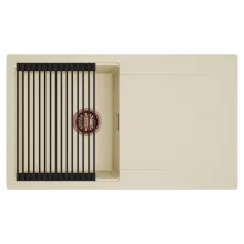 HD Onyx Beige 86 egymedencés mosogatótálca szett, matt fekete csepegtetőráccsal, csepegtetőtálcával, soft bézs színben, szálcsiszolt réz leeresztő szifonnal