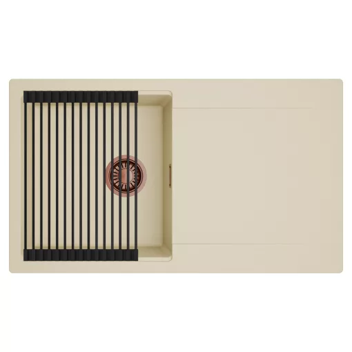 HD Onyx Beige 86 egymedencés mosogatótálca szett, matt fekete csepegtetőráccsal, csepegtetőtálcával, soft bézs színben, szálcsiszolt réz leeresztő szifonnal