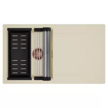 HD Onyx Beige 86 egymedencés mosogatótálca szett, acél csepegtetőráccsal és matt fekete kosárral, csepegtetőtálcával, soft bézs színben, szálcsiszolt réz leeresztő szifonnal