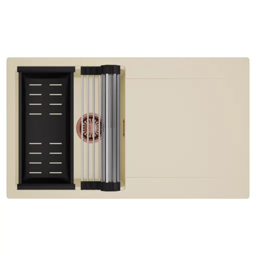 HD Onyx Beige 86 egymedencés mosogatótálca szett, acél csepegtetőráccsal és matt fekete kosárral, csepegtetőtálcával, soft bézs színben, szálcsiszolt réz leeresztő szifonnal