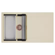 HD Onyx Beige 86 egymedencés mosogatótálca szett, acél csepegtetőráccsal és kosárral, csepegtetőtálcával, soft bézs színben, szálcsiszolt réz leeresztő szifonnal