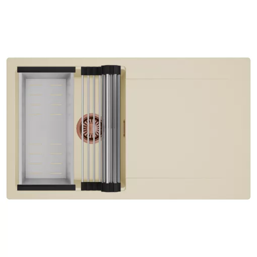 HD Onyx Beige 86 egymedencés mosogatótálca szett, acél csepegtetőráccsal és kosárral, csepegtetőtálcával, soft bézs színben, szálcsiszolt réz leeresztő szifonnal