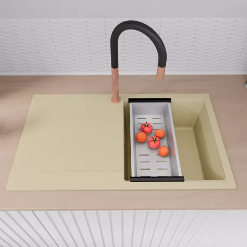 HD Onyx Beige 86 egymedencés mosogatótálca szett, acél csepegtetőráccsal és kosárral, csepegtetőtálcával, soft bézs színben, szálcsiszolt réz leeresztő szifonnal