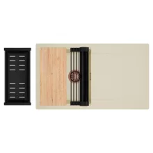 HD Onyx Beige 86 egymedencés gránit mosogatótálca szett, csepegtetőtálcával, vágódeszkával, matt fekete csepegtetőráccsal és kosárral, soft bézs színben, szálcsiszolt réz leeresztő szifonnal