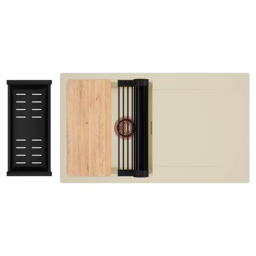 HD Onyx Beige 86 egymedencés gránit mosogatótálca szett, csepegtetőtálcával, vágódeszkával, matt fekete csepegtetőráccsal és kosárral, soft bézs színben, szálcsiszolt réz leeresztő szifonnal