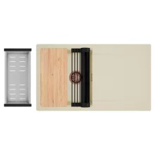 HD Onyx Beige 86 egymedencés gránit mosogatótálca szett, csepegtetőtálcával, vágódeszkával, matt fekete csepegtetőráccsal és krómozott kosárral, soft bézs színben, szálcsiszolt réz leeresztő szifonnal