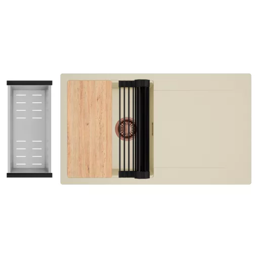 HD Onyx Beige 86 egymedencés gránit mosogatótálca szett, csepegtetőtálcával, vágódeszkával, matt fekete csepegtetőráccsal és krómozott kosárral, soft bézs színben, szálcsiszolt réz leeresztő szifonnal