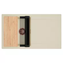 HD Onyx Beige 86 egymedencés gránit mosogatótálca szett, csepegtetőtálcával, vágódeszkával, matt fekete csepegtetőráccsal, soft bézs színben, szálcsiszolt réz leeresztő szifonnal