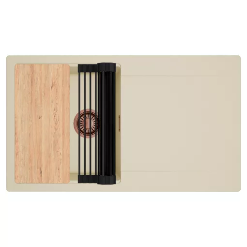 HD Onyx Beige 86 egymedencés gránit mosogatótálca szett, csepegtetőtálcával, vágódeszkával, matt fekete csepegtetőráccsal, soft bézs színben, szálcsiszolt réz leeresztő szifonnal